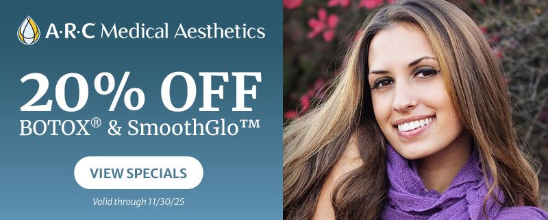 ARC Medical Aesthetics ad with the words, '20 percent off BOTOX and Smoothglo, View Specials, Valid through 11/30/2025'