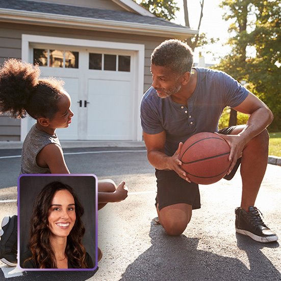 Dad kneeling down while playing basketball with his daughter and an image of Olivia C. Cummins, PA-C