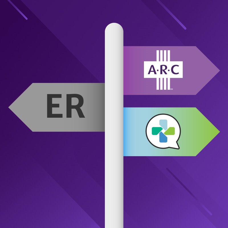 ARC branded illustration of a directional sign with ER (pointing left), an ARC logo (pointing right), and a NormanMD logo (pointing right) for the choices