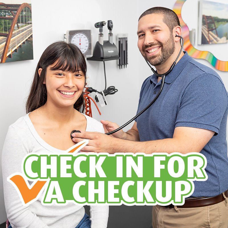 ARC pediatrician and teenager both giving a thumbs up after a vaccination, and the words "check in for a checkup" displayed on the image