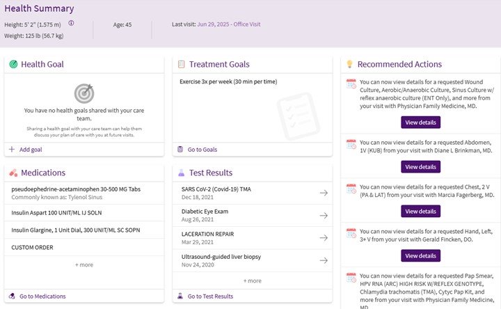 Example of the Health Summary section in ARC MyChart