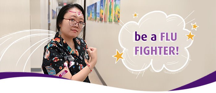 ARC patient flexing her right arm with a bandage after a flu shot and the words, 'be a FLU FIGHTER!'