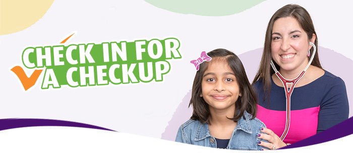 An ARC pediatrician providing a regular checkup and the words, check in for a checkup