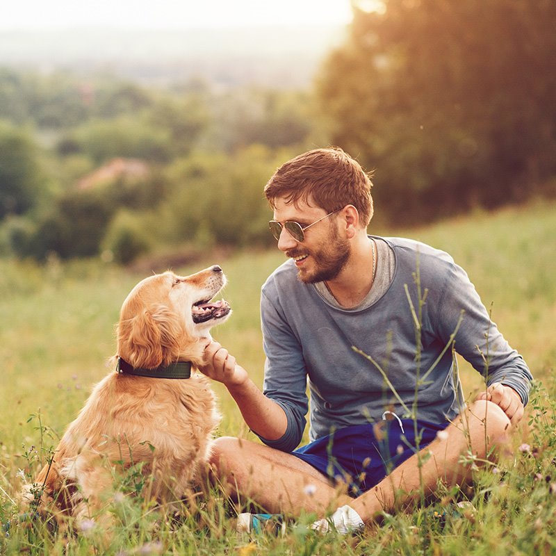 Man enjoying a day outside with his dog during allergy season