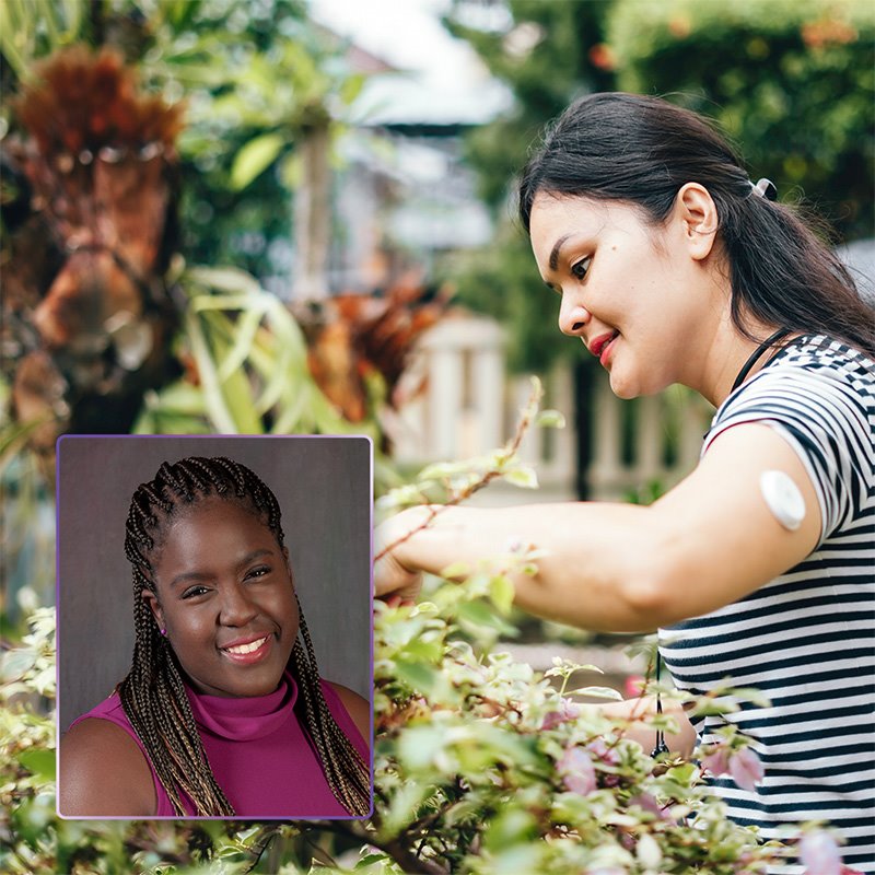 Woman enjoying gardening out under the summer sun while wearing a glucose monitor to help her manage her diabetes, and an image of Natalie A. Williams, MD, Family Medicine Doctor at ARC East 7th in Austin, TX