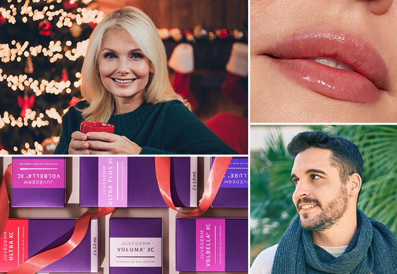 Collage featuring images of patients after JUVÉDERM® and TotalFX Skin Resurfacing treatments and an image of JUVÉDERM® packaging