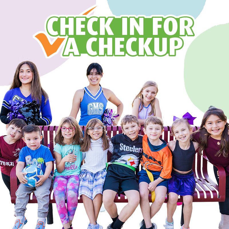 Cropped image of children sitting on a bench and the words check In for a checkup at the top of the image