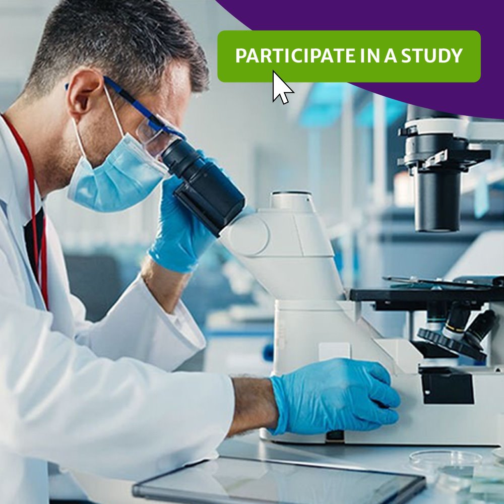 Clinical research specialist evaluating samples and the words, participate in a study, on a button