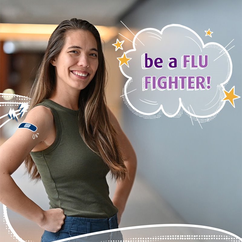 Image of an ARC patient who received a flu vaccination, and the words 'be a Flu Fighter'