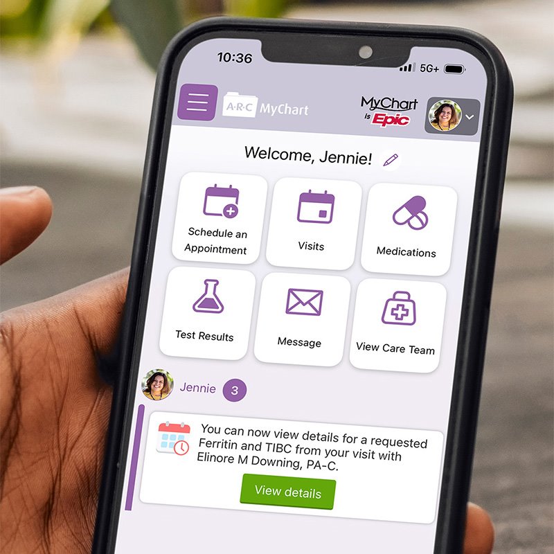 First-person view of an ARC patient using their phone to navigate through ARC MyChart
