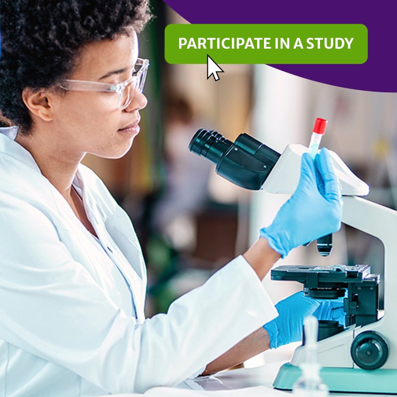 Clinical research specialist evaluating samples and the words, participate in a study, on a button