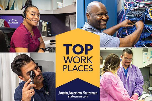 Austin Regional Clinic Top Work Places banner with images of happy ARC employees