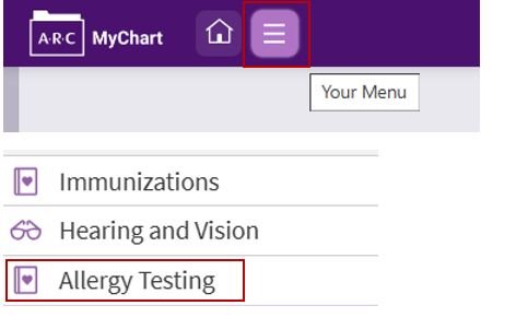 Example of Allergy Testing option on the ARC MyChart Menu