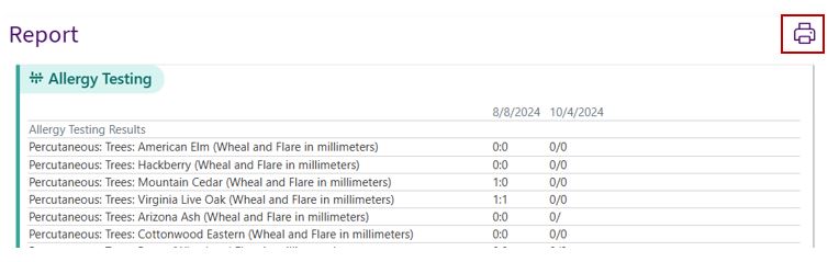 Example of where to find the print option at the top-right corner of an Allergy Testing Report in ARC MyChart