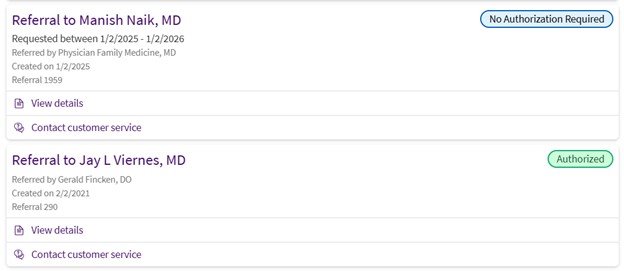 Example of referrals in ARC Mychart