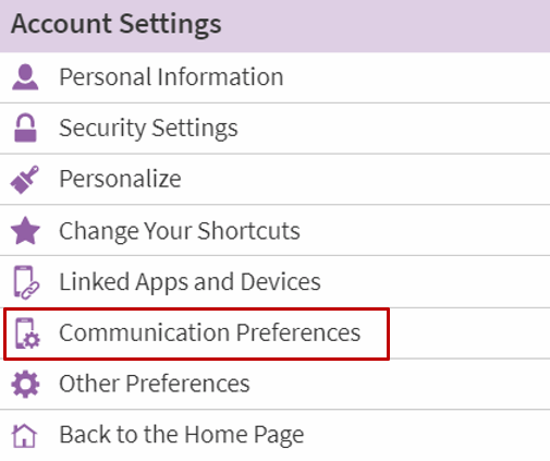 Image pointing out Communications Preferences location in ARC MyChart