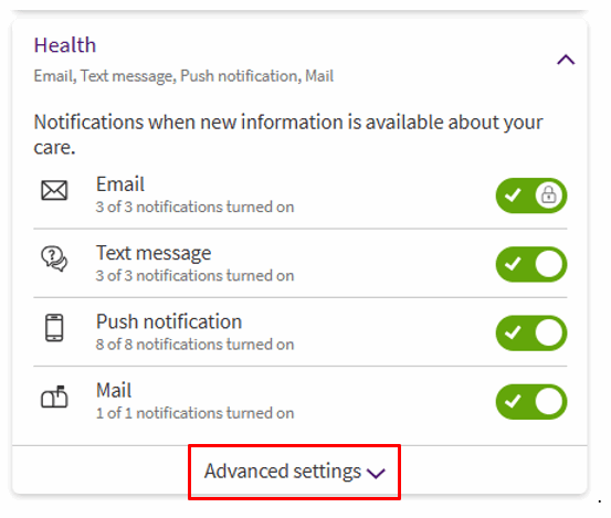 Image pointing out Advanced Settings under Communications Preferences location in ARC MyChart