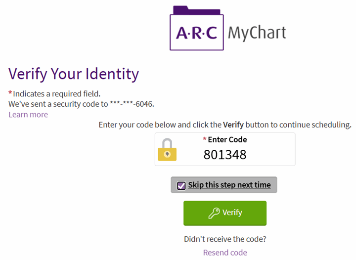 example screenshot of the final step of two-step authentication on ARC MyChart, with example verification code