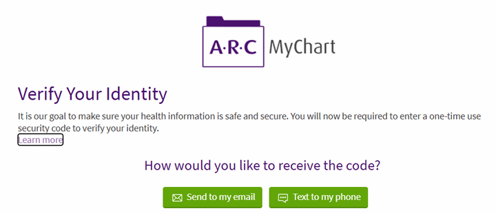 example screenshot of ARC MyChart prompting the user to choose email or text to complete two-step authentication