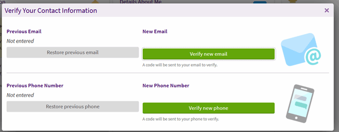 Example of the Verify new email or Verify new phone options when you verify your mobile phone and email address in ARC MyChart